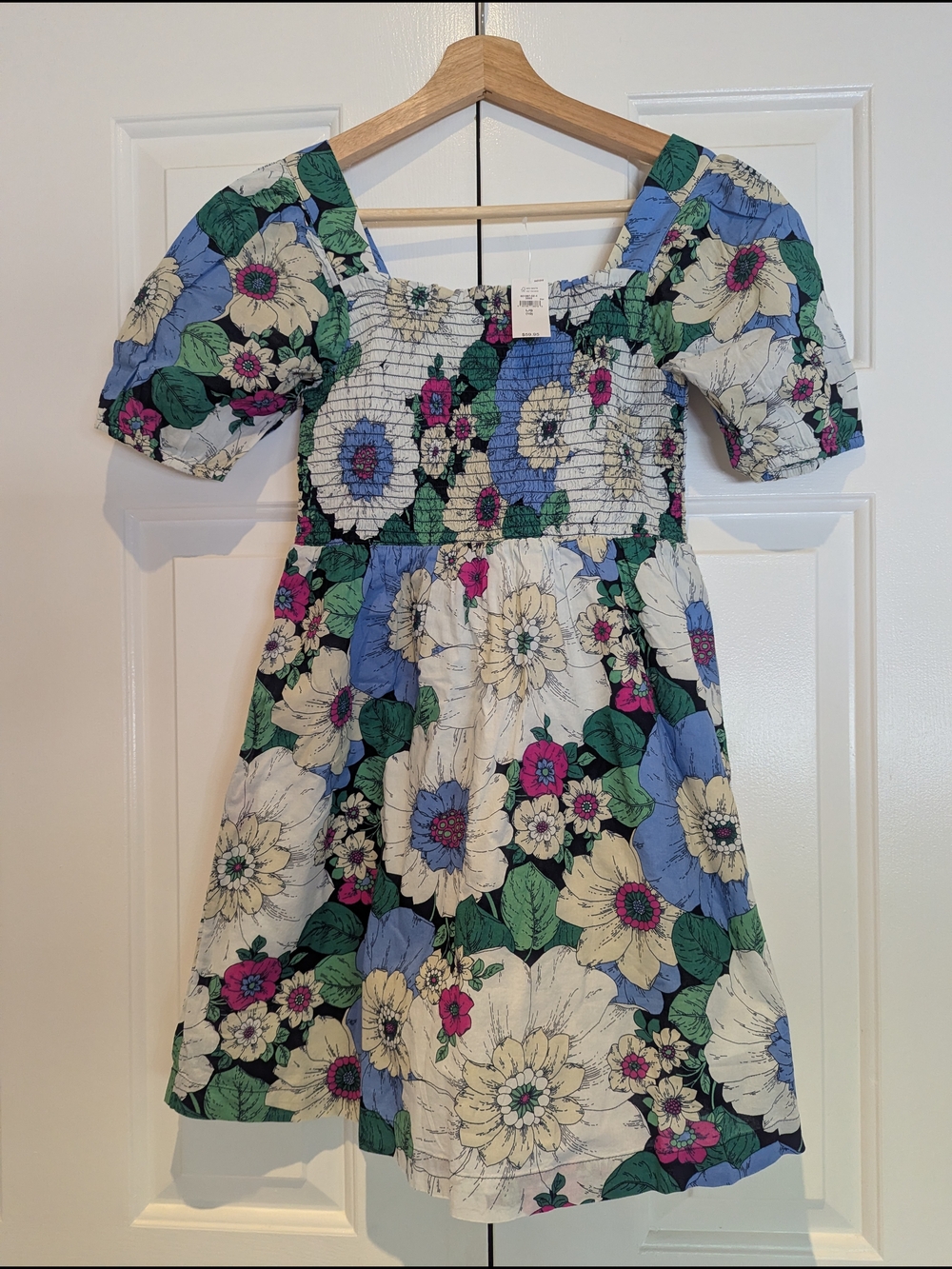 GAP Girls Colorful Floral Smocked Puff-Sleeve Summer Dress Boho Flower Child L